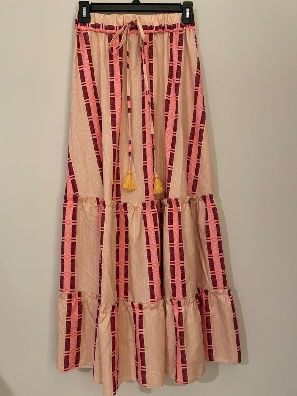 Tiered Maxi Skirt in Pink and Cream with Tassel Tie